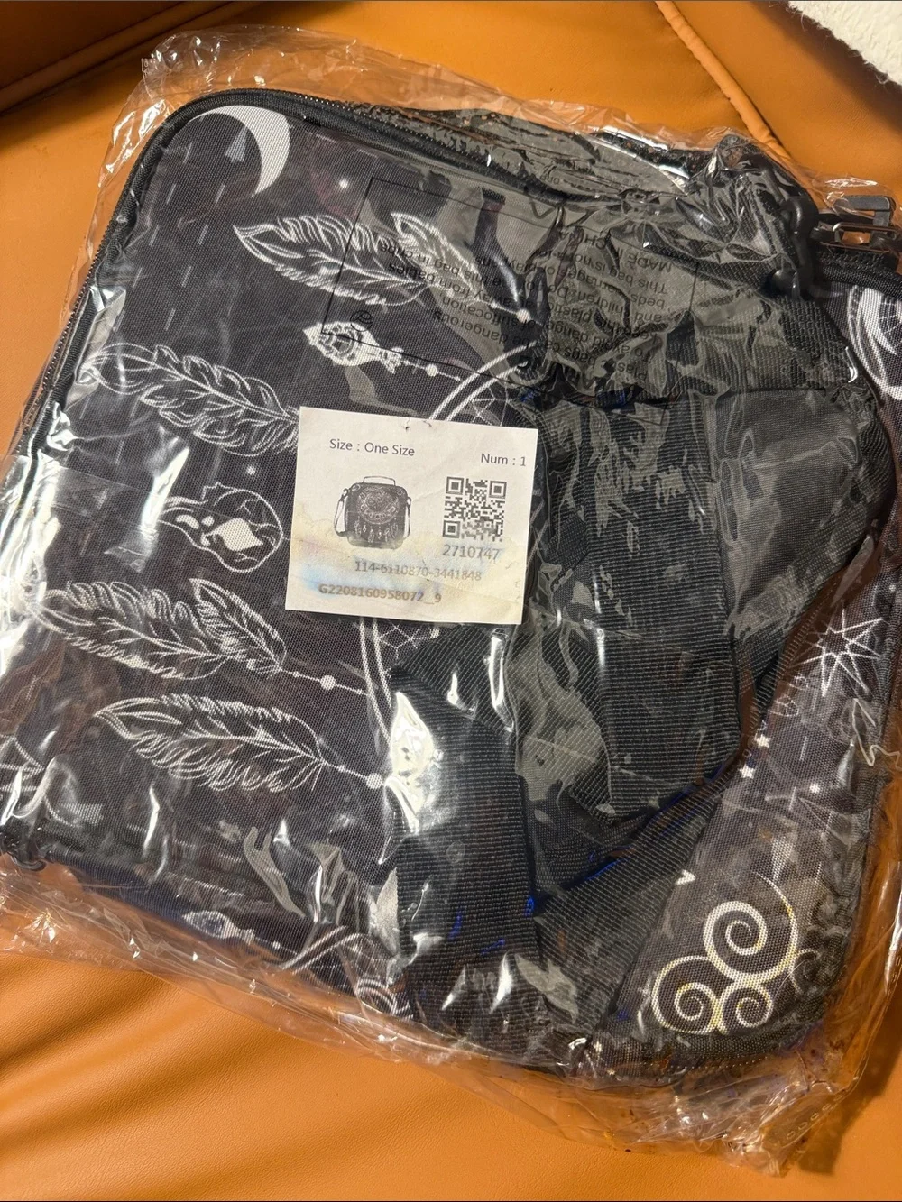 Black Crescent Moon & Feather Printed Crossbody Bag